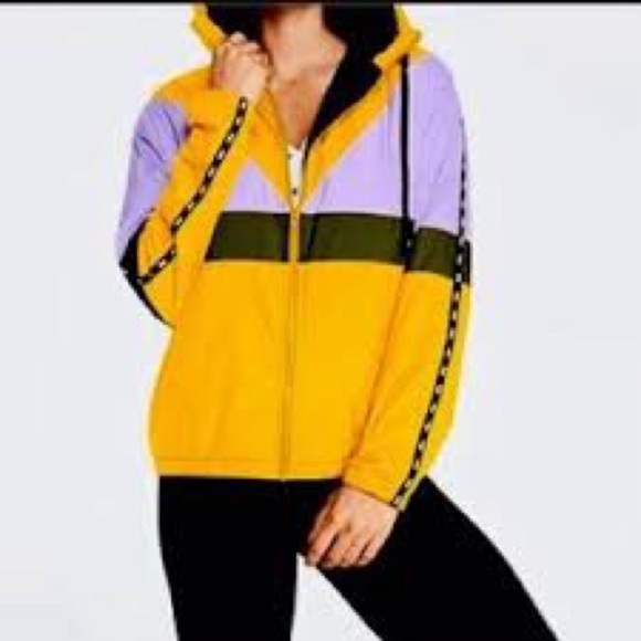 PINK Victoria's Secret Yellow Anorak Sherpa Lined Zip Up Hooded Jacket M / L - Picture 2 of 3